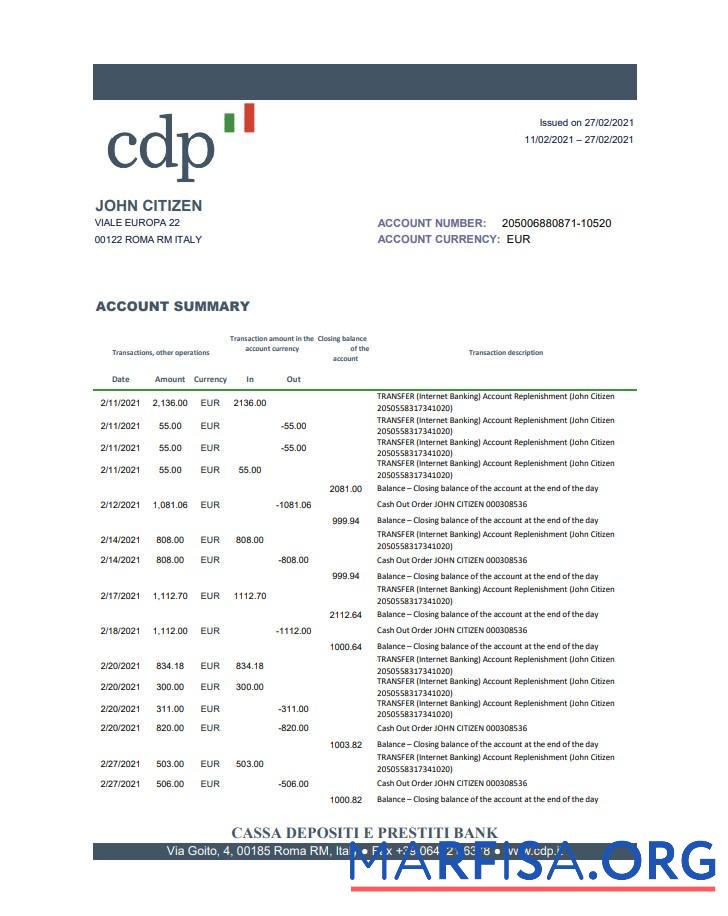 Downloadable Italy Cassa Depositi e Prestiti bank statement excel example